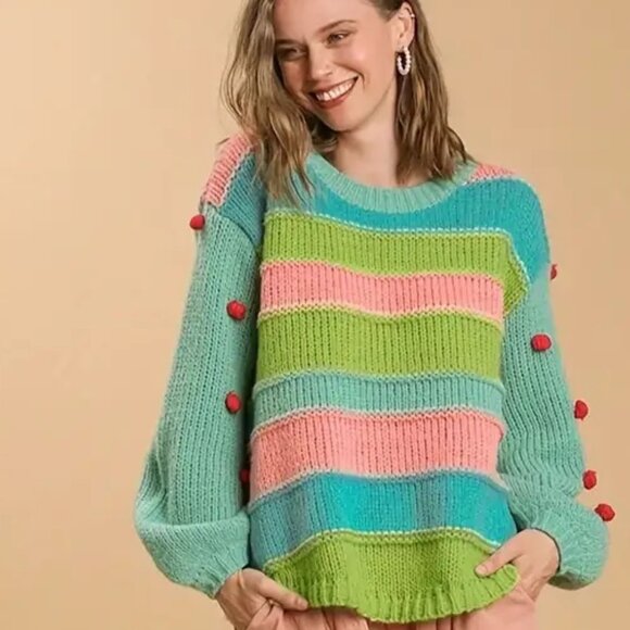 Dopamine Dotted Pom Pom Sleeve Pullover Sweater - Picture 2 of 6